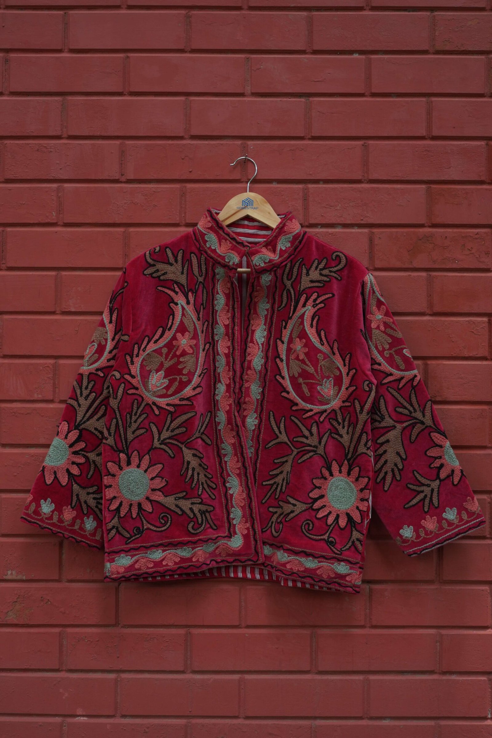 Womens Red Velvet Embroidered Jacket with Floral Design - Image 6
