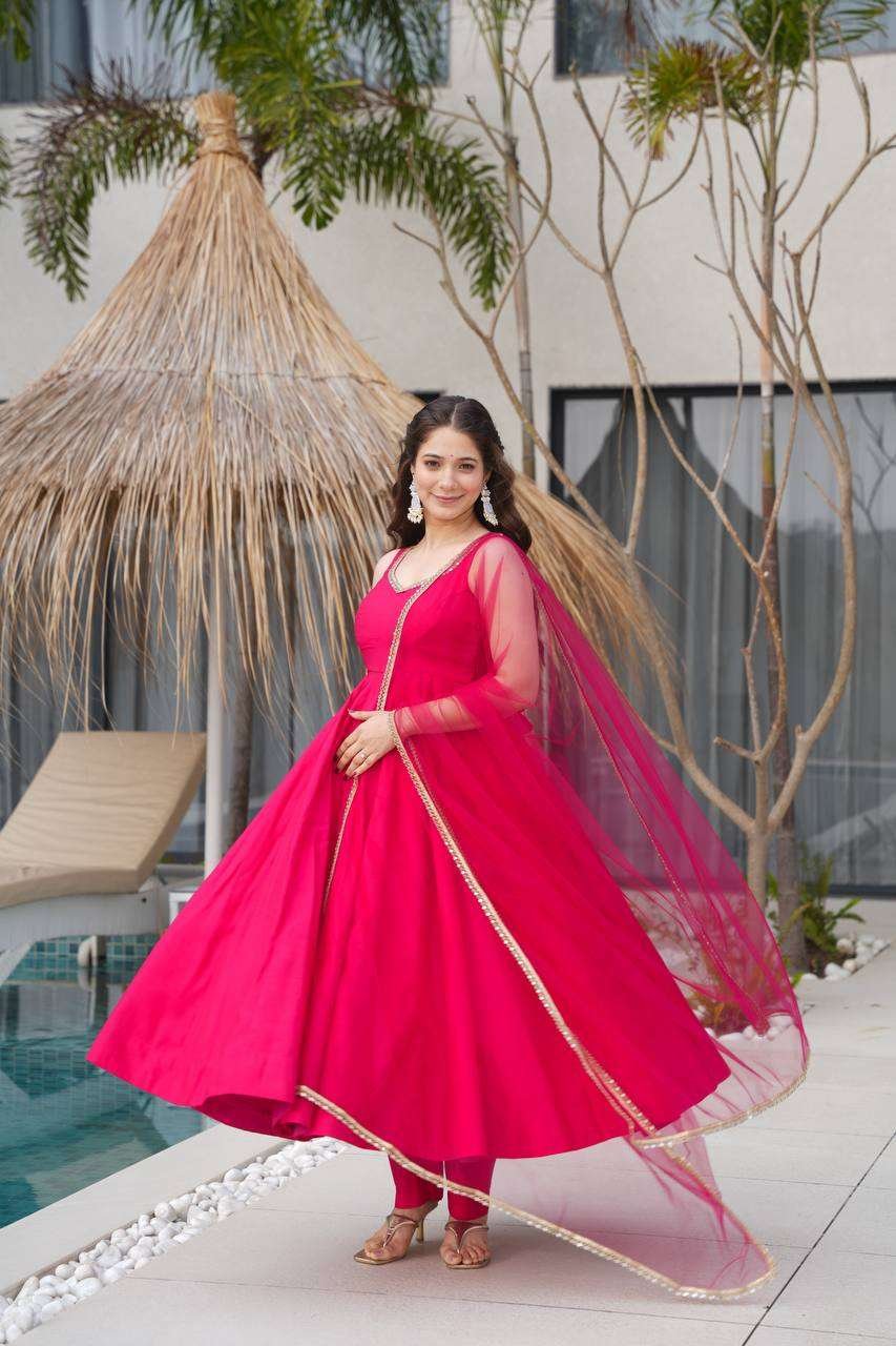 Womens Pure Romansilk Chanderi Anarkali Kurti with Pant & Dupatta Set